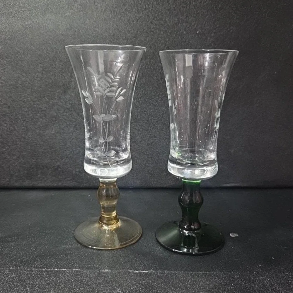 Etched Leaves Cordial Glasses, Set of 2, Vintage Green‎ & Yellow Stem Stemware